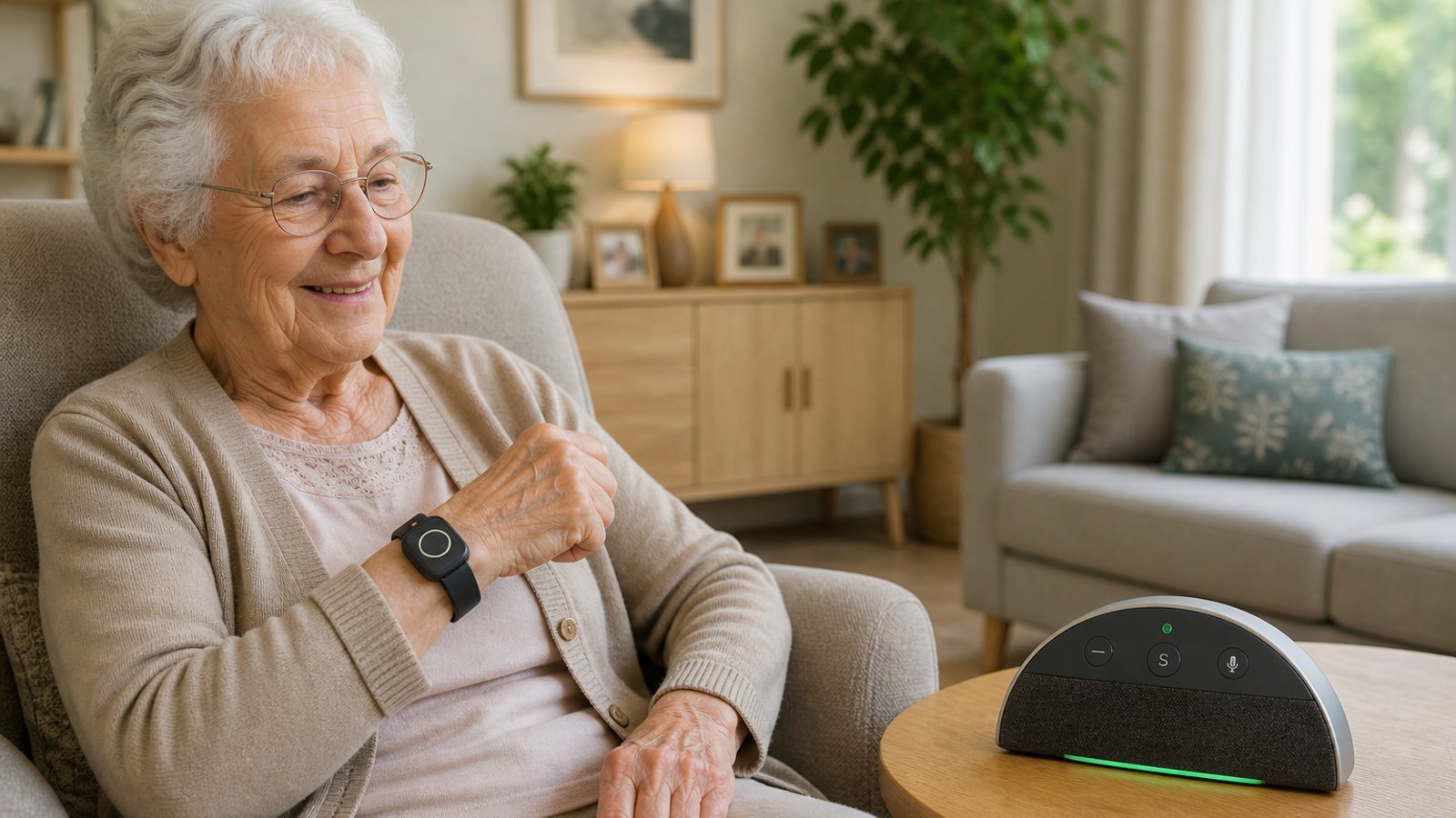 Senior souriante au téléphone, sereine chez elle — téléassistance Seniors Plus Gard